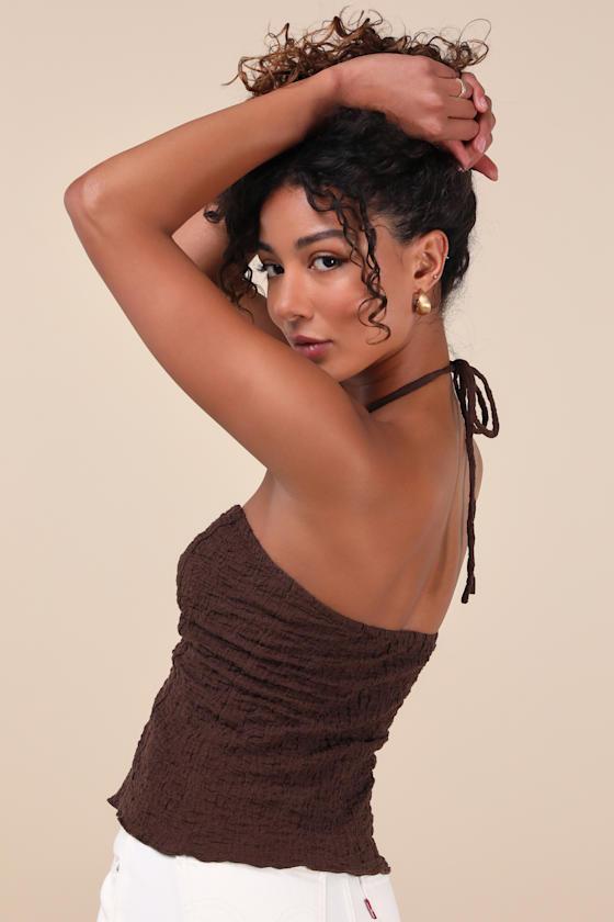 Kelani Brown Textured Knit Halter Crop Top Product Image