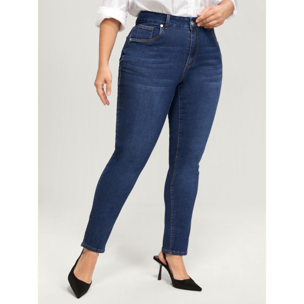 Plus Size Straight Very Stretchy High Rise Dark Wash Jeans Women DarkBlue Casual Plain Plain High stretch Pocket Jeans BloomChic 30/6X Product Image