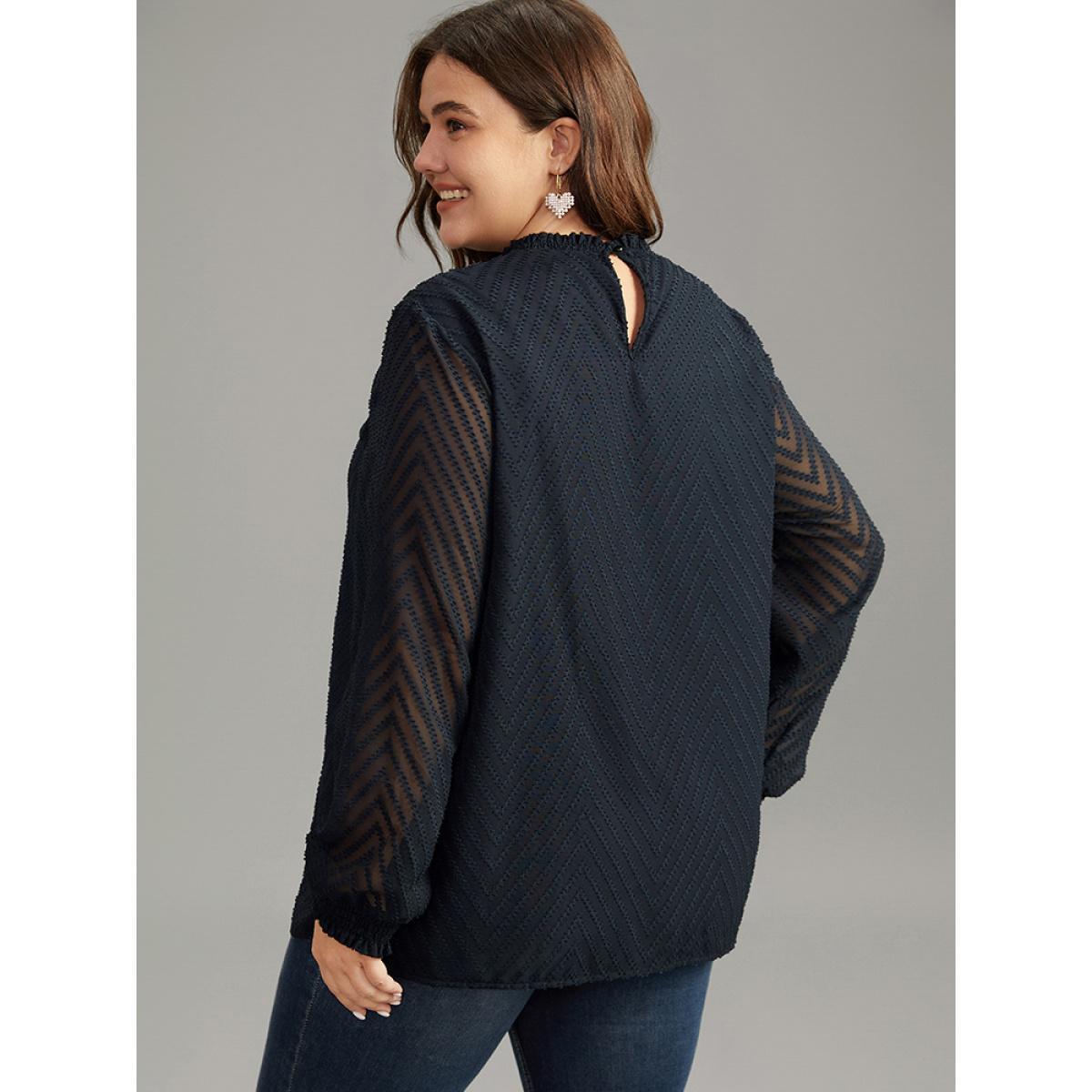 Plus Size Midnight Plain Patchwork Mesh Shirred Frill Trim Blouse Women Office Long Sleeve Round Neck Work Blouses BloomChic 22-24/3X Product Image
