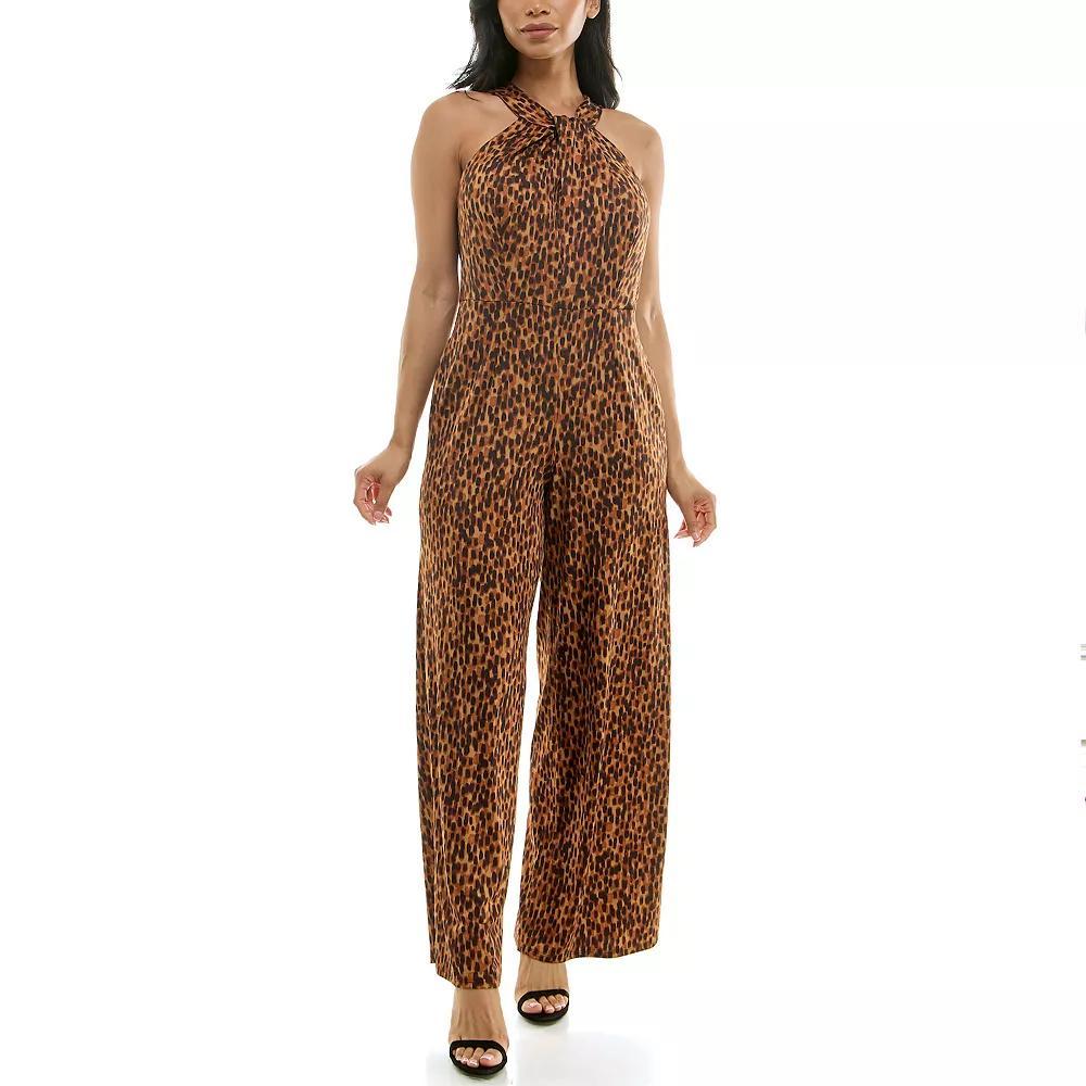Women's Nina Leonard Printed Twist Neck Jumpsuit, Size: XL, Black Yellow Team Product Image