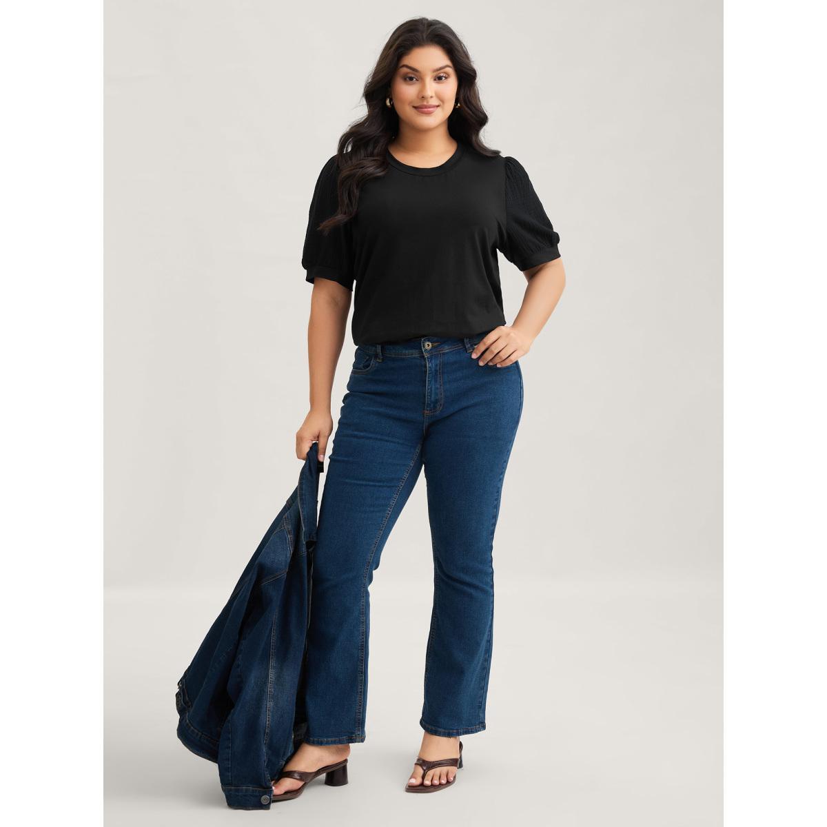 Plus Size Plain Textured Patchwork Lantern Sleeve T-Shirt Black Women Casual Texture Round Neck Everyday T-shirts BloomChic 30/6X Product Image