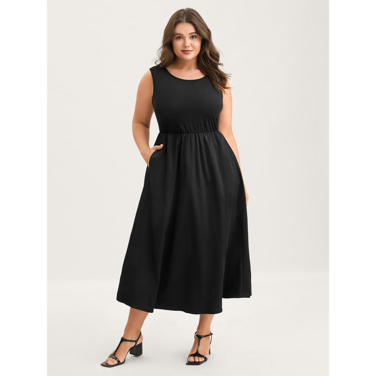 Plus Size Backless Waist-Defining Tie Midi Dress Black Women Tie knot Round Neck Sleeveless Curvy BloomChic 10/M Product Image