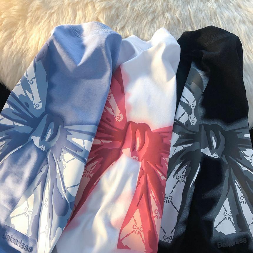 Short Sleeve Bow Print Loose-Fit T-Shirt Product Image
