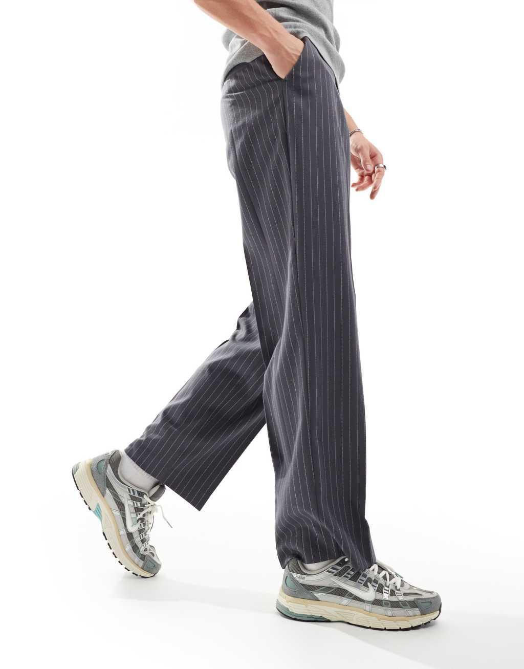 ASOS DESIGN high waist wide leg pants in charcoal pinstripe Product Image