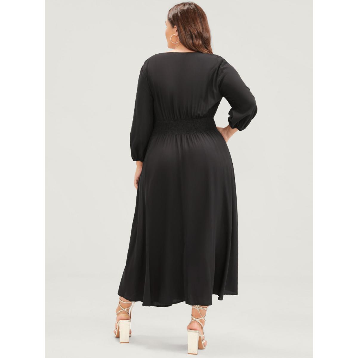 Plus Size Solid V Neck Lantern Sleeve Pocket Button Shirred Split Dress Black Women Elegant Elastic Waist V-neck Elbow-length sleeve Curvy Midi Dress BloomChic 14-16/1X Product Image