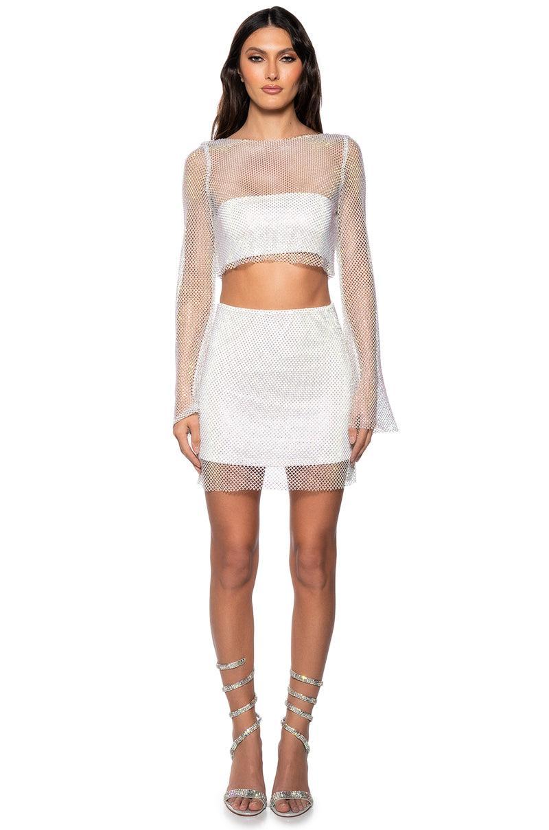 FLASHING LIGHTS RHINSTONE MESH LONG SLEEVE TOP IN WHITE Product Image