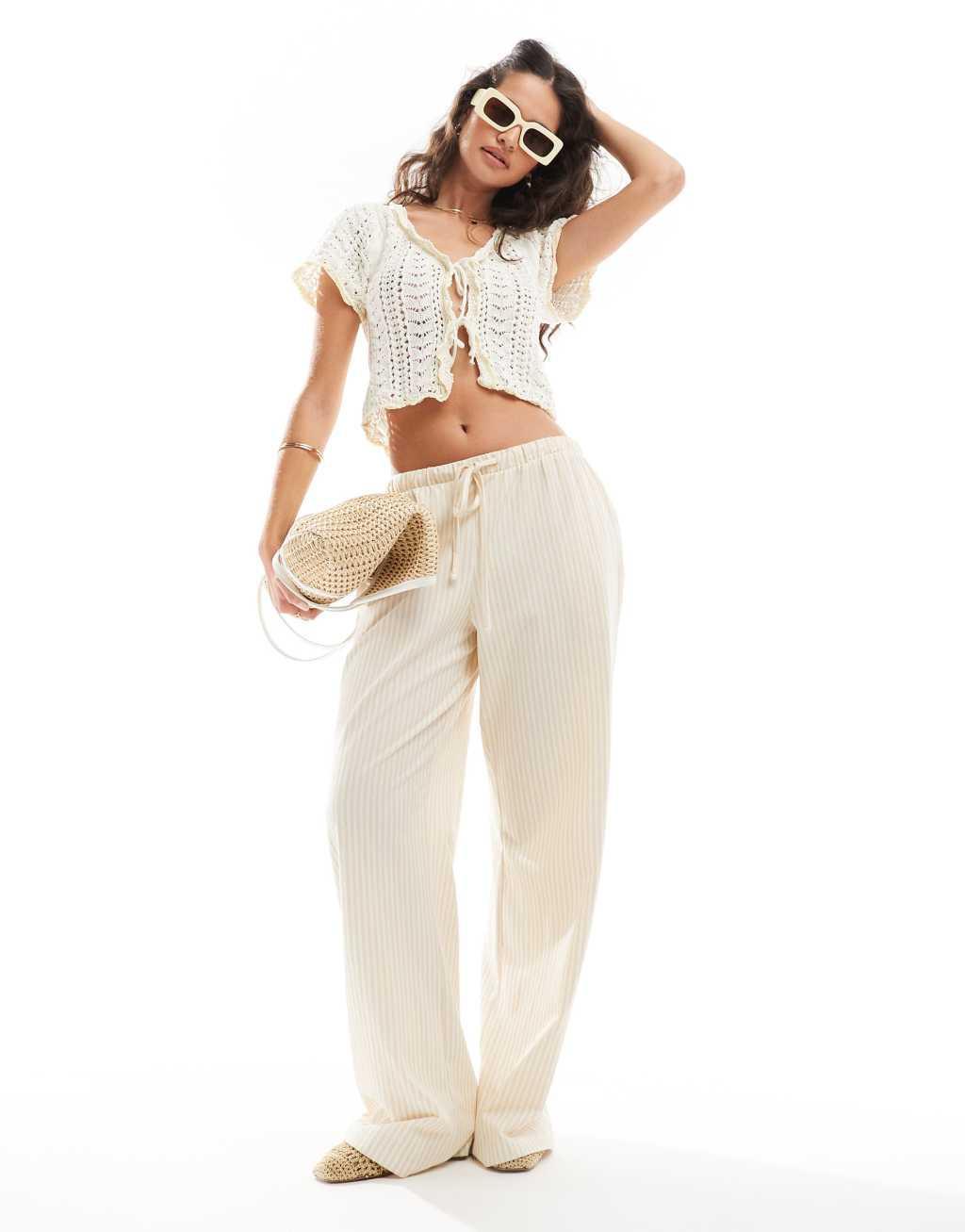 ASOS DESIGN pointelle cardi with tie front in soft yellow Product Image