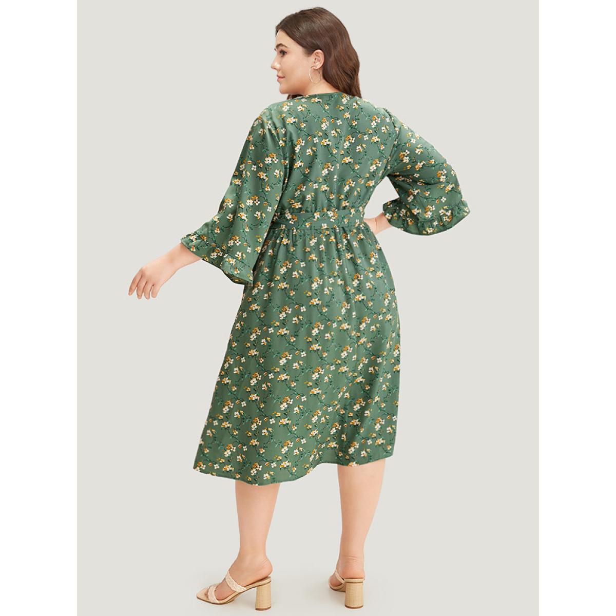 Plus Size Floral Print Surplice Neck Flutter Trim Dress Green Women Elegant Printed V-neck Elbow-length sleeve Curvy Midi Dress BloomChic 14-16/1X Product Image