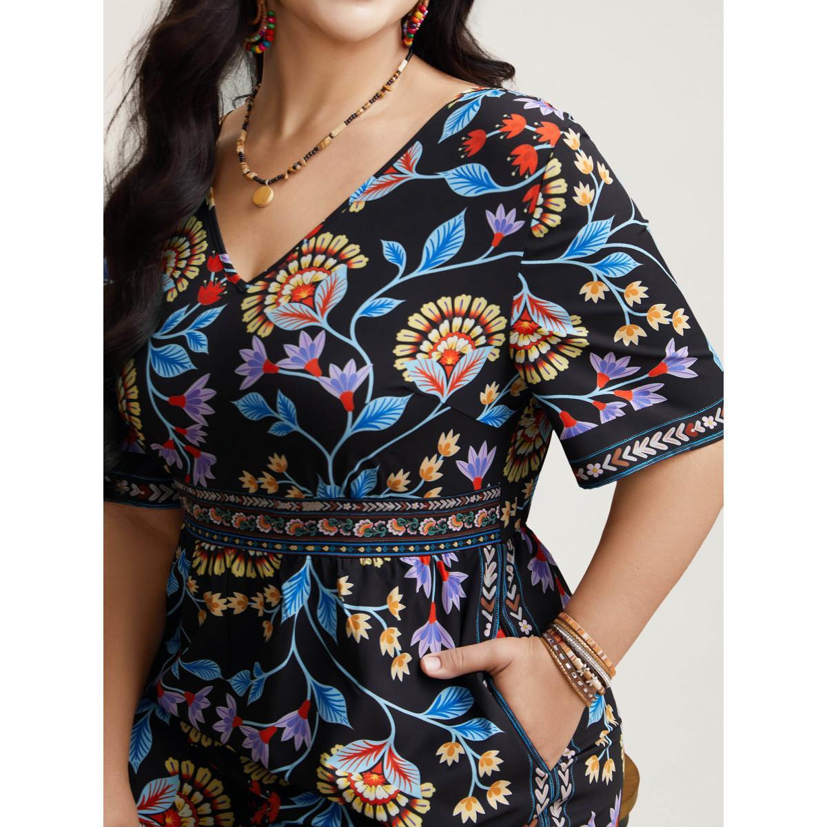 Plus Size Black Deep V-Neck Tropical Print Jumpsuit Women Resort Half Sleeve V-neck Vacation Loose Jumpsuits BloomChic 10/M Product Image