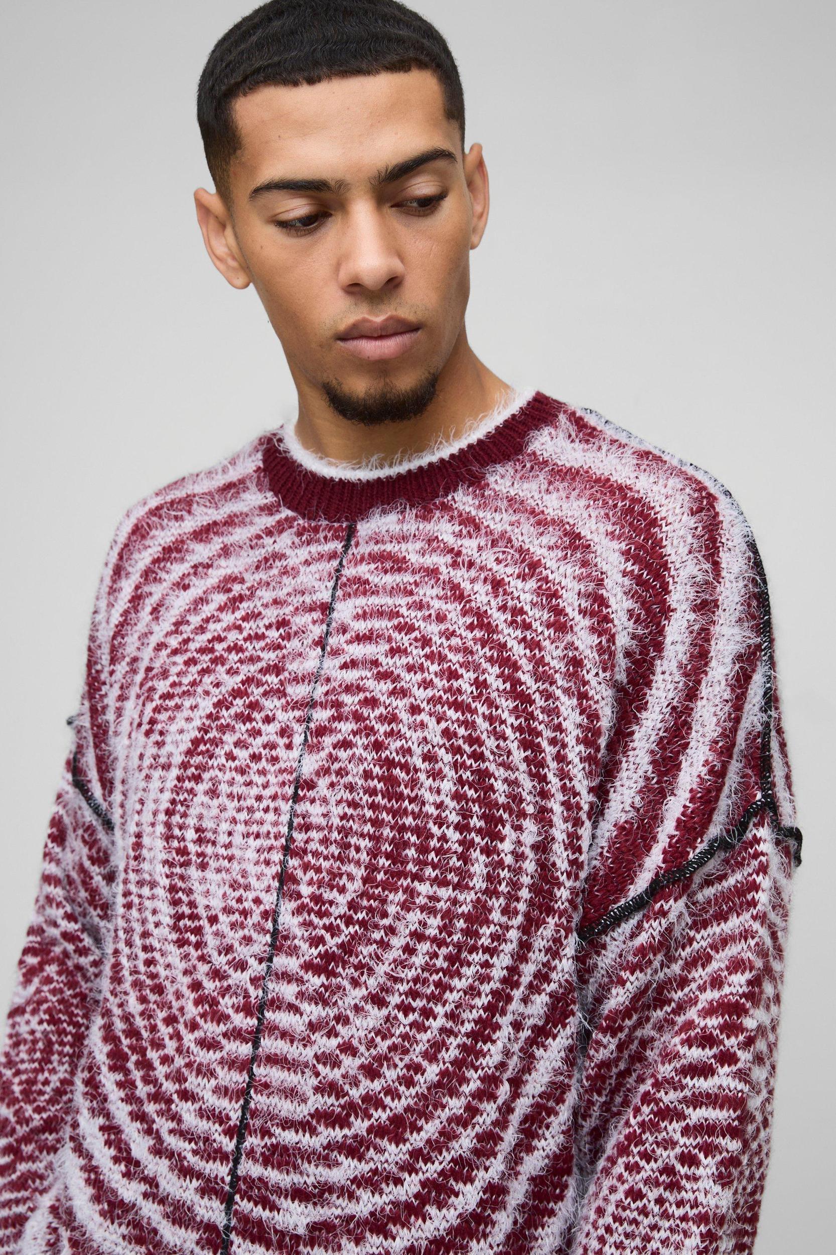 Boxy Fit Fluffy Textured Contrast Knit Sweater | boohooMAN USA Product Image
