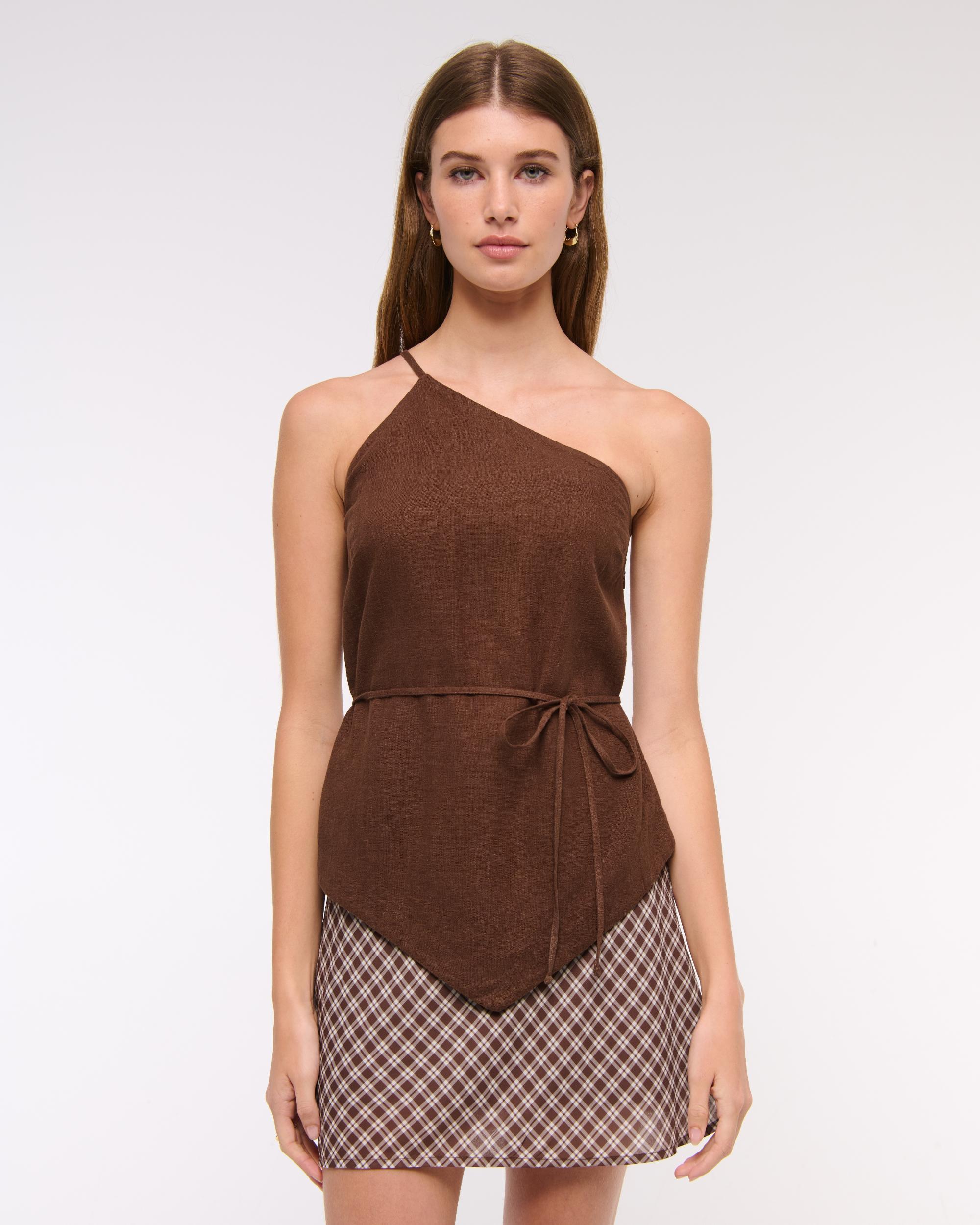 One-Shoulder Asymmetrical Linen-Blend Top Product Image
