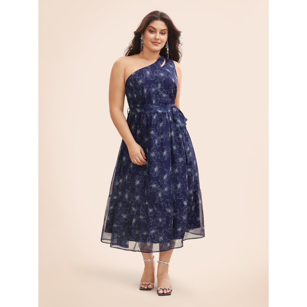 Plus Size Floral Asymmetrical Neck Mesh Belted Dress DarkBlue Women Cocktail See through Party Curvy Bloomchic 10/M Product Image