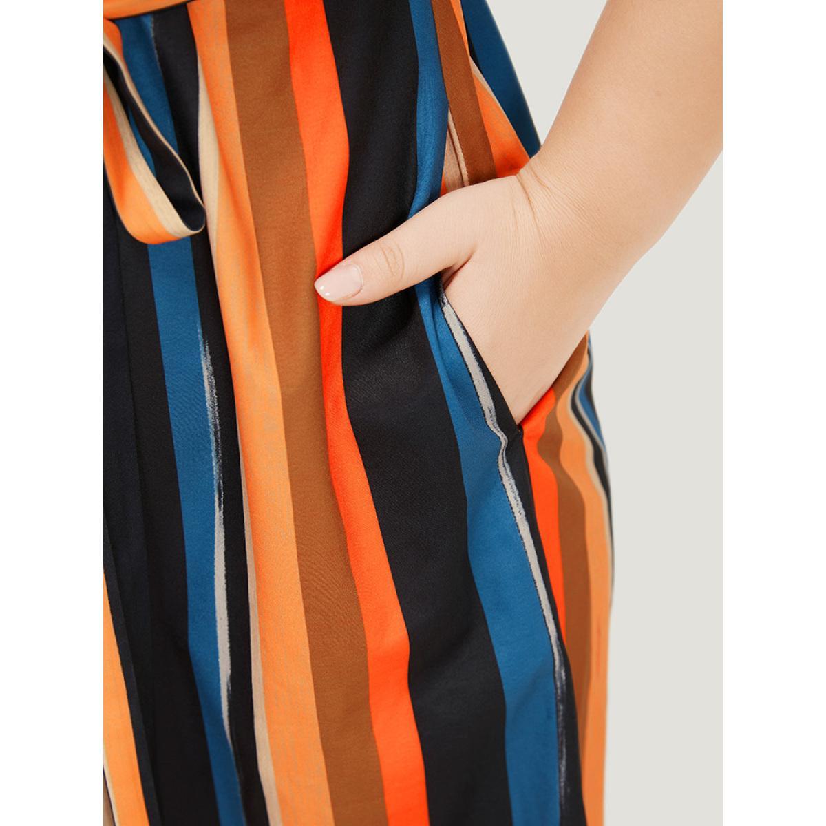 Plus Size Rainbow Striped Batwing Sleeve Pocket Belt Dress Multicolor Women Vacation Contrast V-neck Short sleeve Curvy Knee Dress BloomChic 10/M Product Image