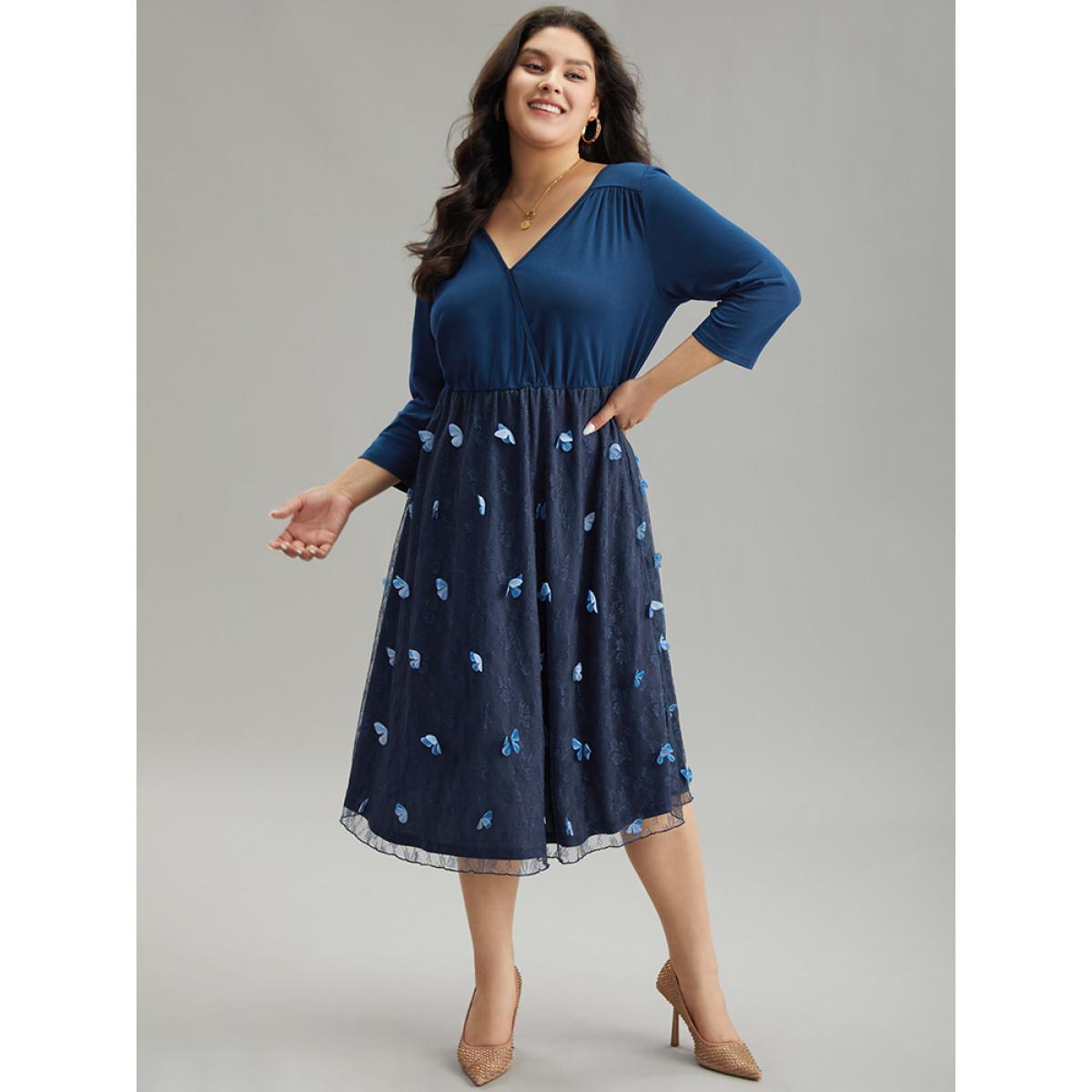 Plus Size Butterfly Patchwork Overlap Collar Mesh Dress DarkBlue Women Elegant Lined Overlap Collar Elbow-length sleeve Curvy Midi Dress BloomChic 26/4X Product Image