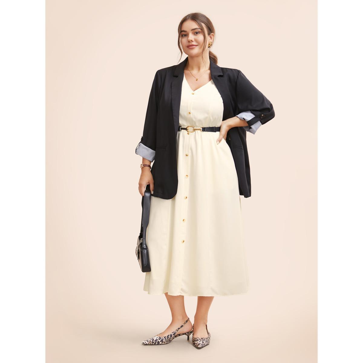Plus Size V Neck Button Detail Sleeveless Dress Ivory Women At the Office Button V-neck Sleeveless Curvy BloomChic 22-24/3X Product Image