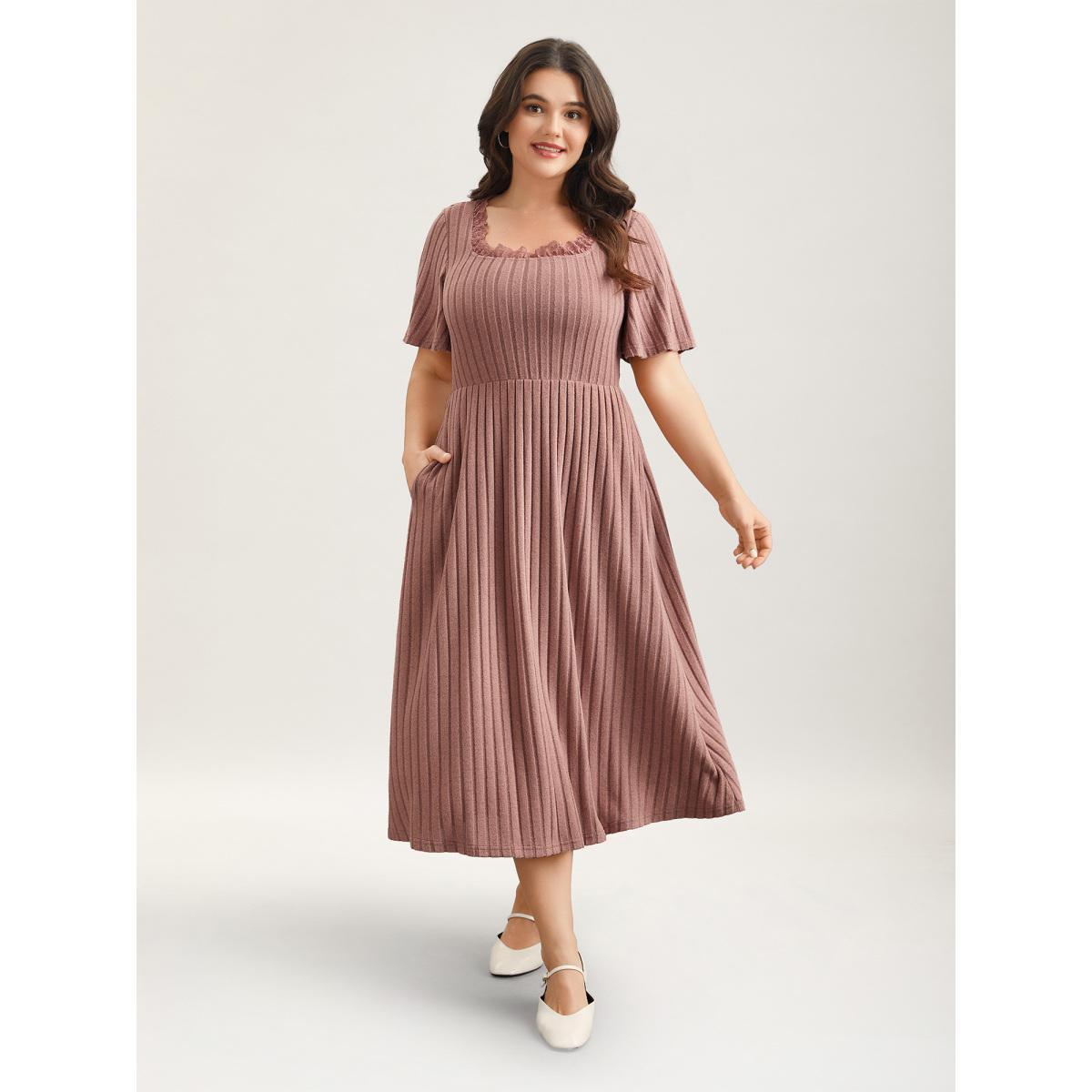 Plus Size Ribbed Ruffled Lace Edges Midi Dress Dirtypink Women Casual Woven ribbon&lace trim Knit Dresses Bloomchic 14-16/1X Product Image