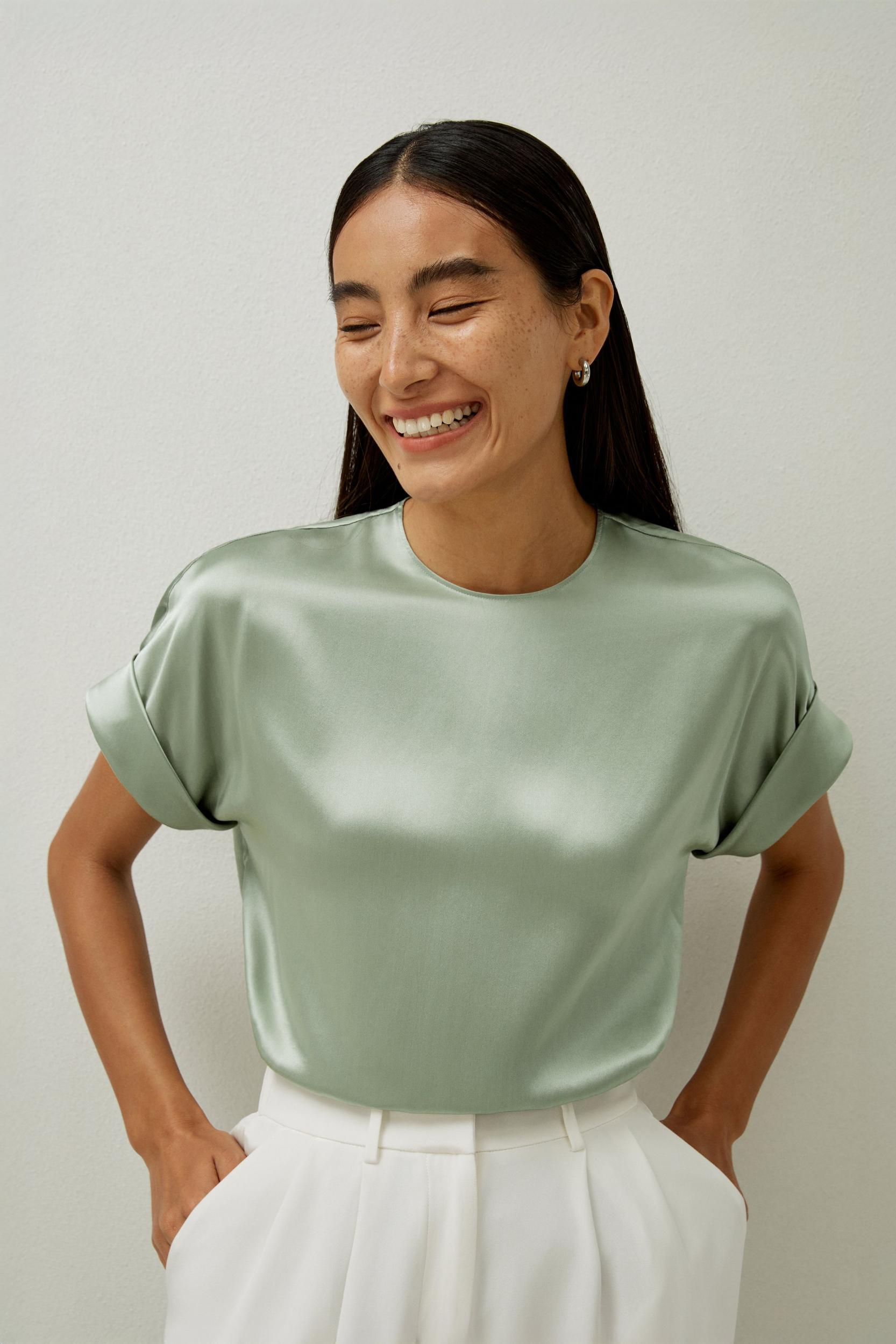 Obliuque Sleeves Round Neck Silk Tee Product Image