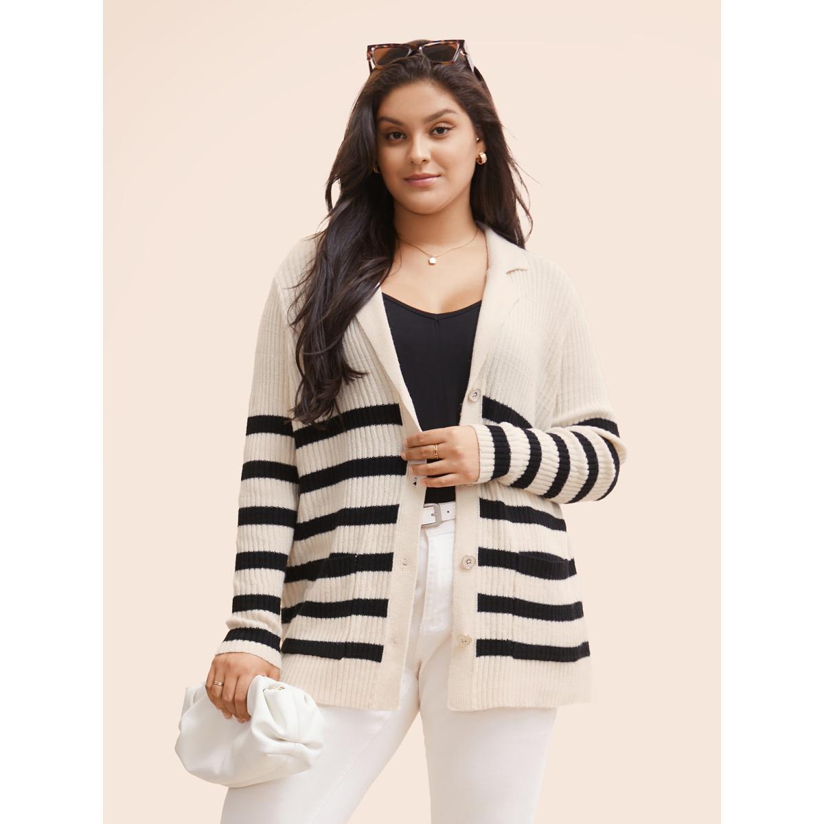 Plus Size Texture Striped Patch Pocket Cardigan Apricot Women Workwear Essentials Loose Long Sleeve Work Cardigans BloomChic 10/M Product Image