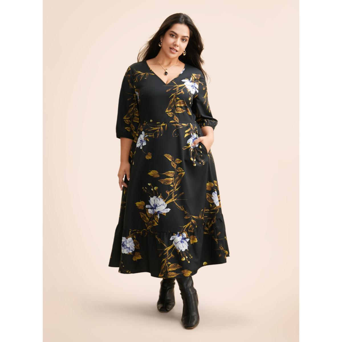 Plus Size Floral Print V Neck Lantern Sleeve Dress BlackFlower Women Elegant Non V-neck Elbow-length sleeve Curvy BloomChic 28/5X Product Image