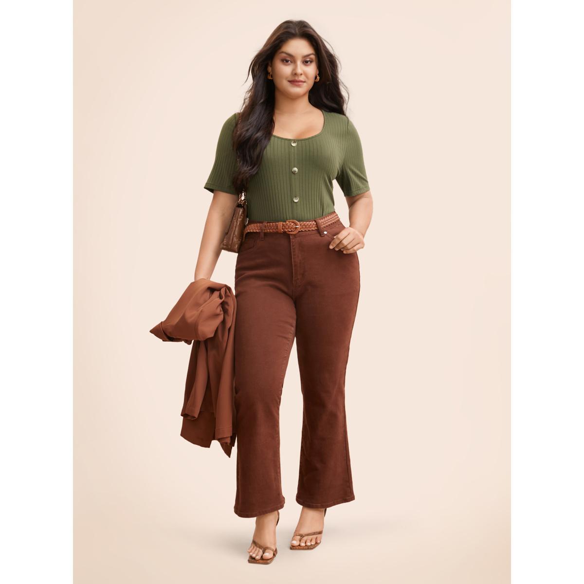 Plus Size U Neck Pit Strip Button Detail T-shirt ArmyGreen Women Elegant Texture U-neck Bodycon Everyday T-shirts BloomChic 10/M Product Image