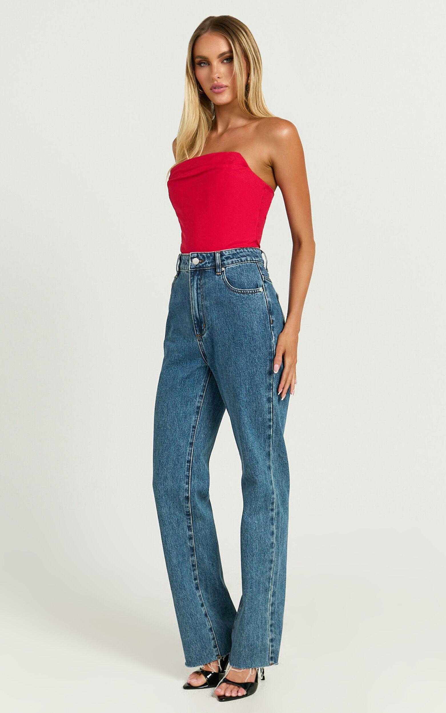 Marcelle Top - Strapless Cowl Corset Satin Top in Red Product Image