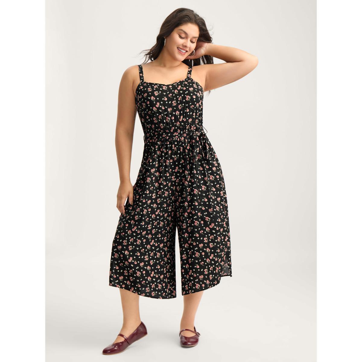 Plus Size Black Romantic Florals Belted Pockets Jumpsuit Women Sleeveless Heart neckline Everyday-Casual Loose Jumpsuits BloomChic 14-16/1X Product Image