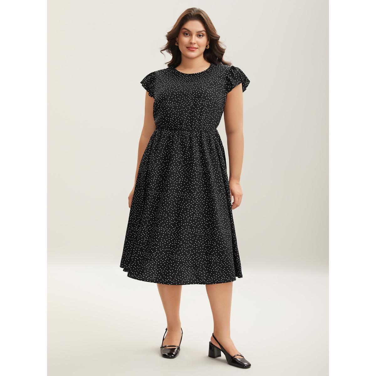 Plus Size Sheer Cut-Out Back Pockets Midi Dress Black Women Elegant Woven ribbon&lace trim Round Neck Cap Sleeve Curvy BloomChic 30/6X Product Image