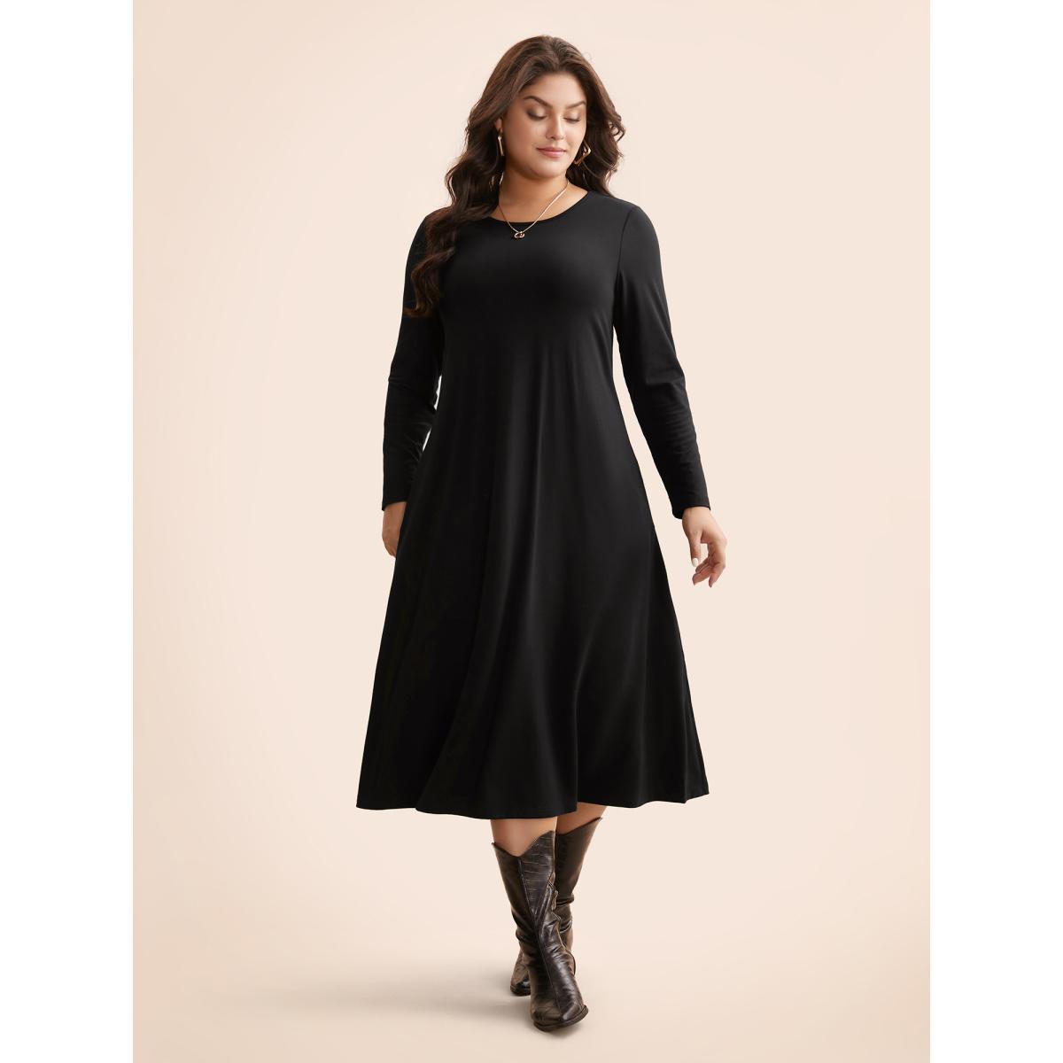 Plus Size Crew Neck High Stretchy Knit Dress Black Women Casual Non Knit Dresses Bloomchic 28/5X Product Image