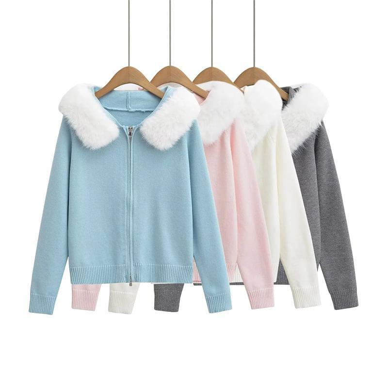 Plain Fluffy Trim Hood Zip Cardigan Product Image