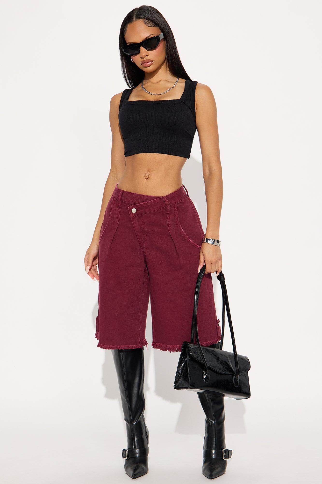 Summer Crush Crossover Denim Jorts - Burgundy Product Image