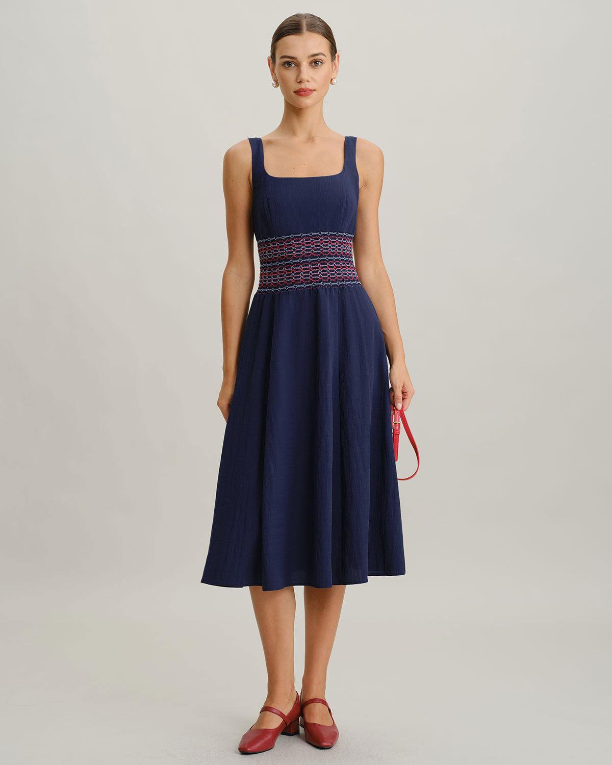 Blue Square Neck Shirred Slip Midi Dress Product Image
