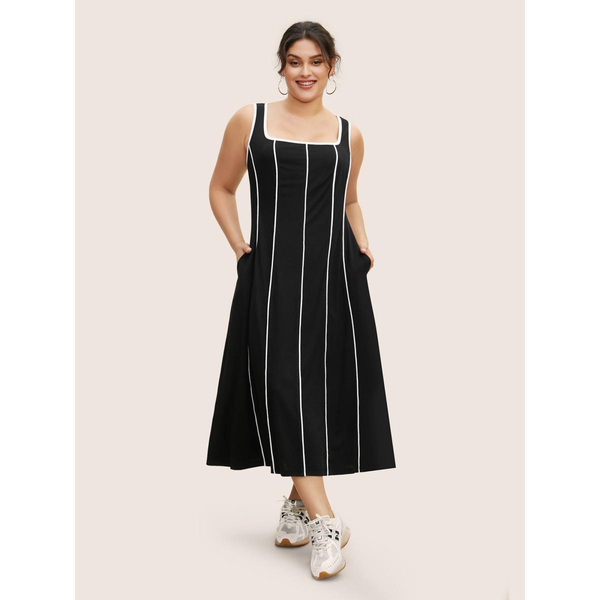 Plus Size Square Neck Contrast Trim Midi Dress Black Women Casual Contrast Square Neck Sleeveless Curvy BloomChic 18-20/2X Product Image