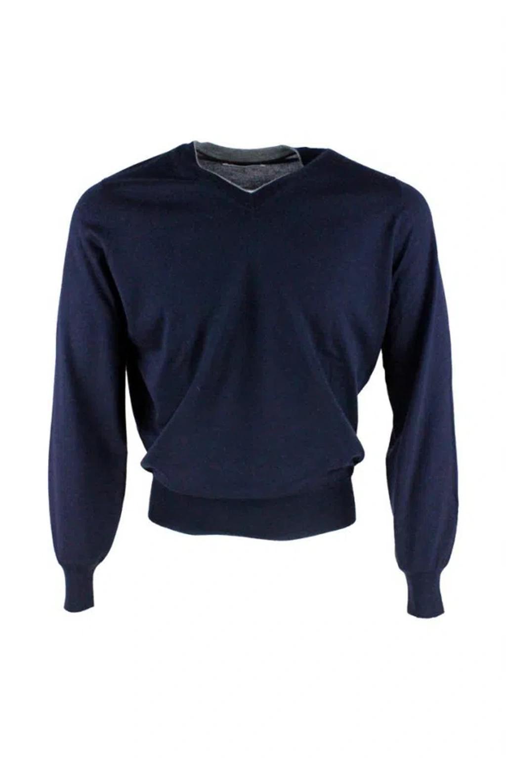 BRUNELLO CUCINELLI 100% Cashmere V-neck Sweater In Blue Product Image
