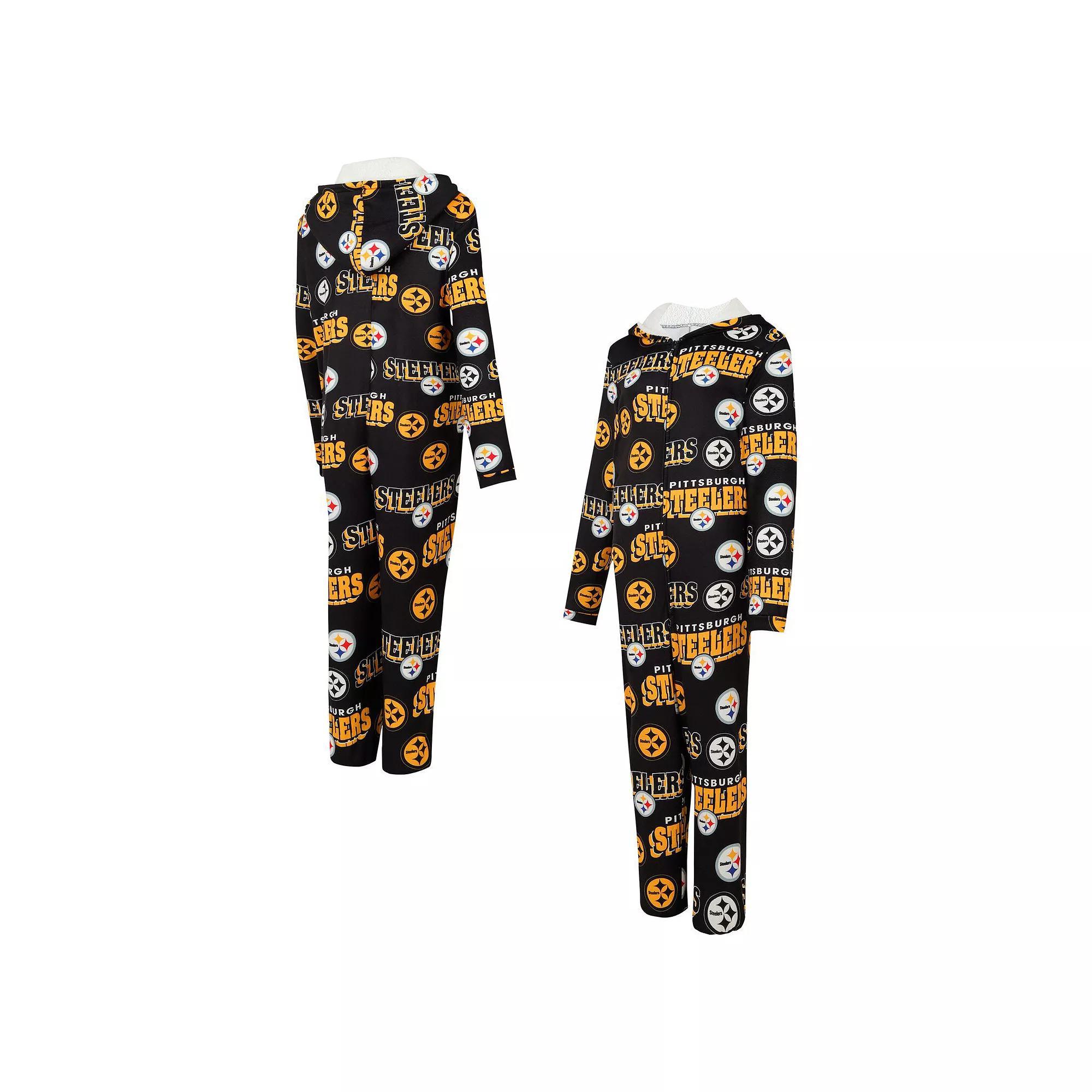 Women's Concepts Sport Black Pittsburgh Steelers  Roadway Allover Print Microfleece Full-Zip Union Suit, Size: Small Product Image