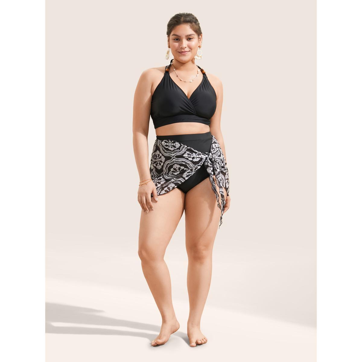Plus Size Bandana Print Patchwork Bowknot Swim Bottom Women's Swimwear Black Beach Non High stretch Skinny High Rise Curve Swim Bottoms BloomChic 18-20/2X Product Image