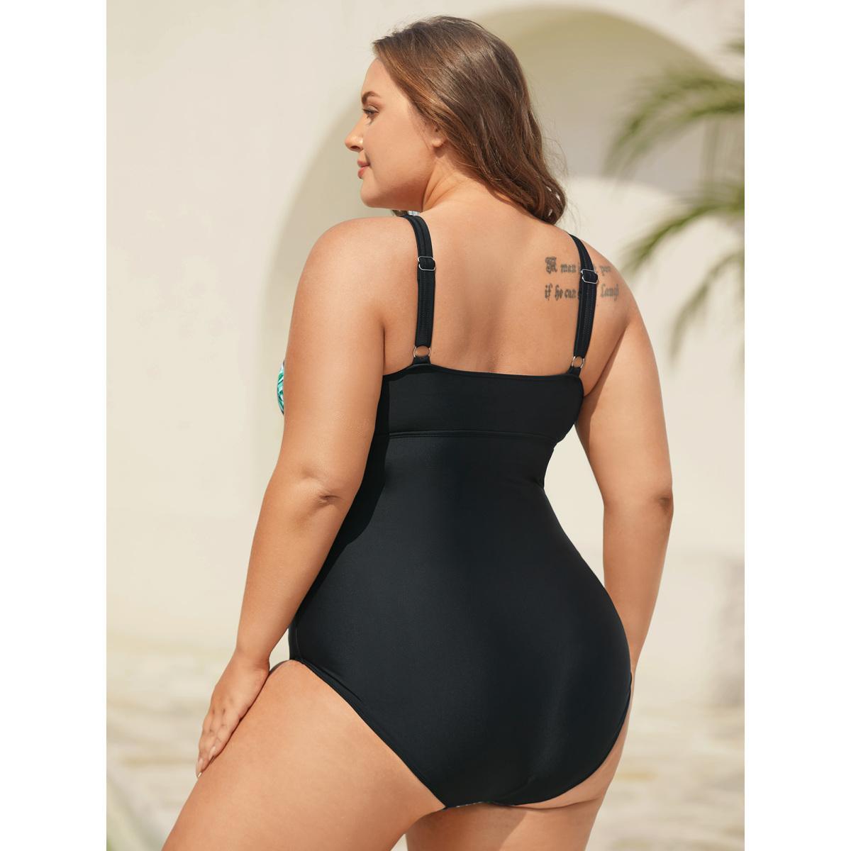 Plus Size Tropical Pattern Tied One-Piece Swimsuit Women's Swimwear Black Beach Gathered Curve Bathing Suits High stretch One Pieces BloomChic 18-20/2X Product Image