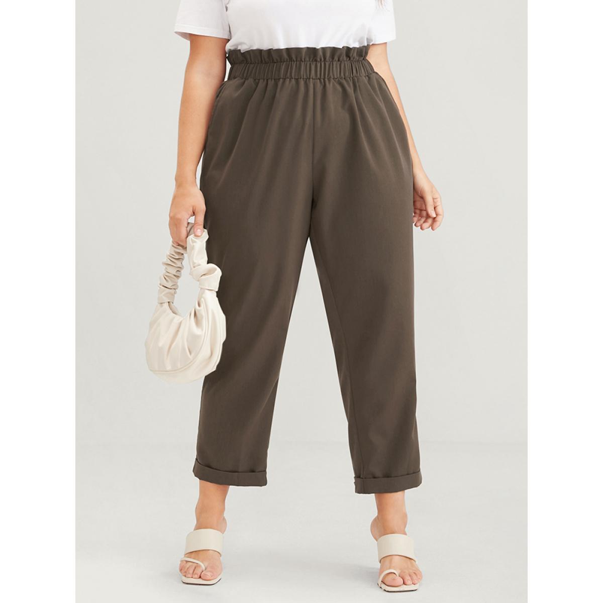 Plus Size Plain Elastic Waist Pocket Paperbag Waist Pants Women DarkBrown Elegant High Rise Dailywear Pants BloomChic 14-16/1X Product Image