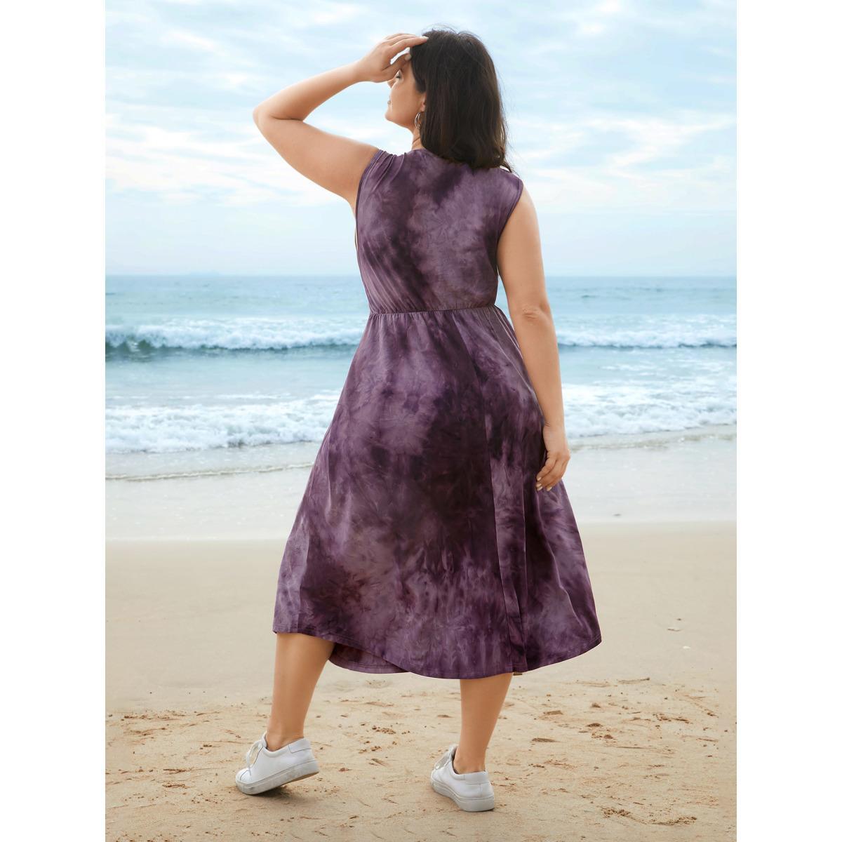 Plus Size Tie-Dye Surplice Neck Curved Hem Midi Dress Eggplant Women Casual Non Knit Dresses Bloomchic 28/5X Product Image
