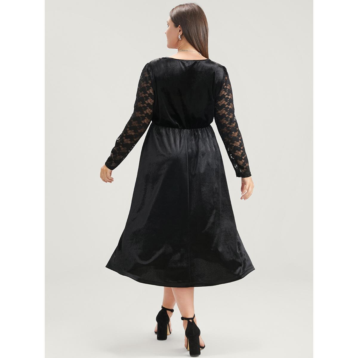 Plus Size Solid Wrap Contrast Lace Velvet Midi Dress Black Women Party Patchwork V-neck Long Sleeve Curvy Midi Dress BloomChic 18-20/2X Product Image
