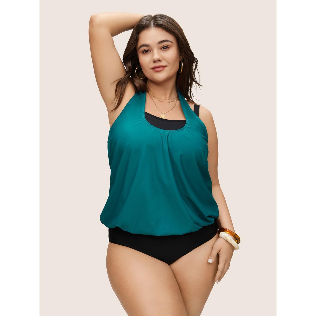 Plus Size Contrast Halter Bowknot Patchwork One Piece Swimsuit Women's Swimwear Teal Beach Non Curve Bathing Suits High stretch One Pieces BloomChic 10/M Product Image