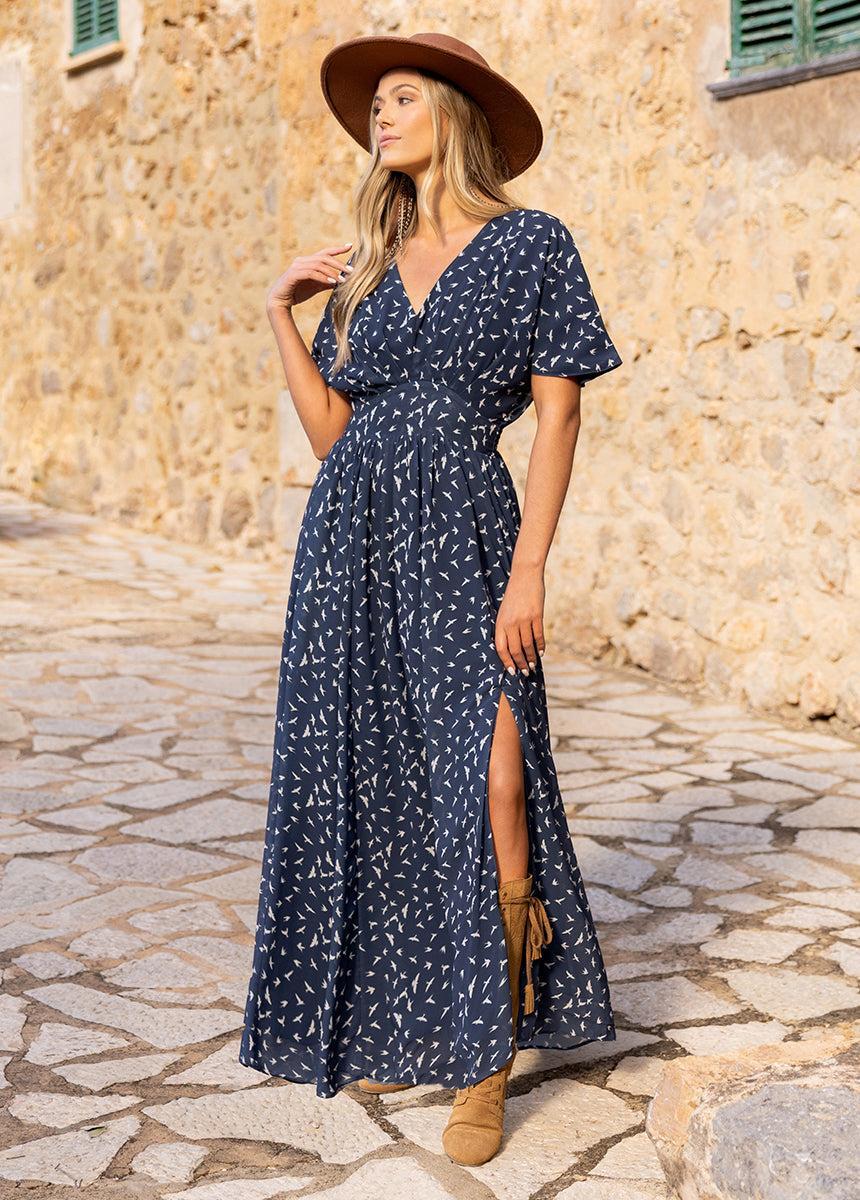 Maya Dress in Navy Bird Print Female Product Image