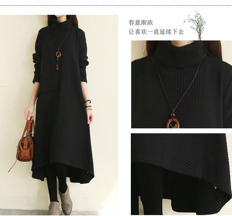 Long-Sleeve Turtleneck Plain Asymmetrical Midi Tunic Dress Product Image