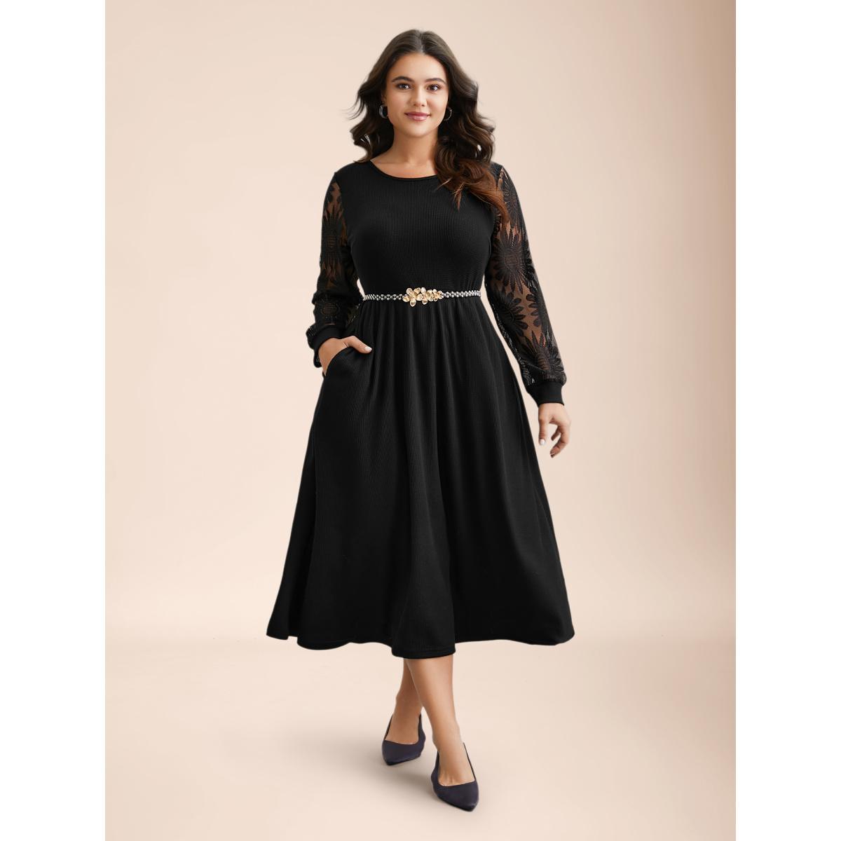Plus Size Sheer Textured Sleeve Waist Cinched Midi Dress Black Women Elegant Texture Knit Dresses Bloomchic 10/M Product Image