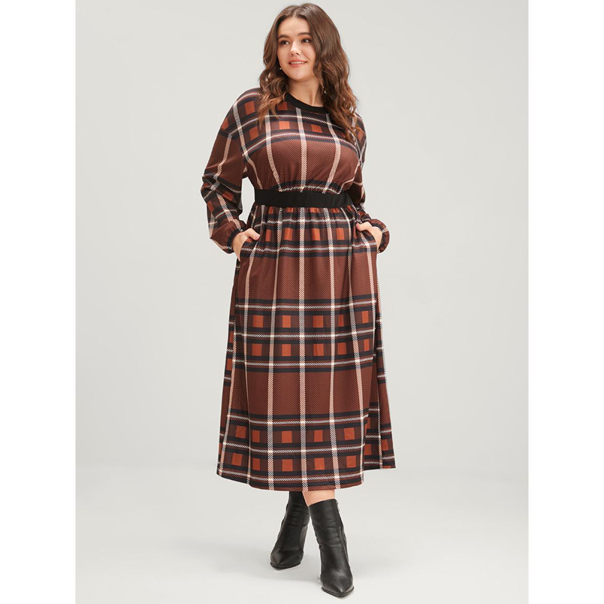 Plus Size Plaid Patchwork Round Neck Lantern Sleeve Pocket Midi Dress Tan Women Casual Patchwork Round Neck Long Sleeve Curvy Midi Dress BloomChic 14-16/1X Product Image