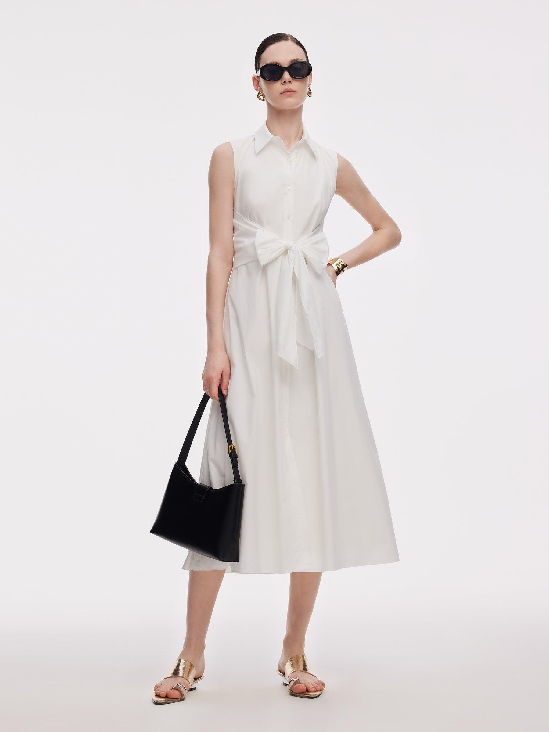 100% Cotton Tie Front Women Sleeveless Maxi Shirt Dress Product Image