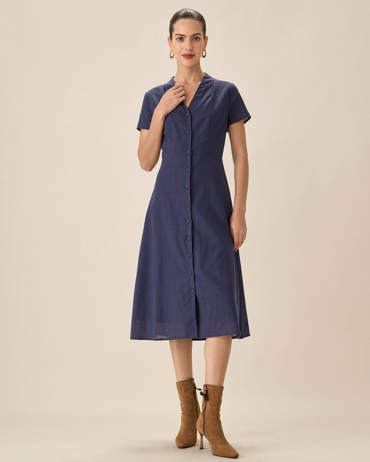 Navy Collared Button Midi Dress Product Image