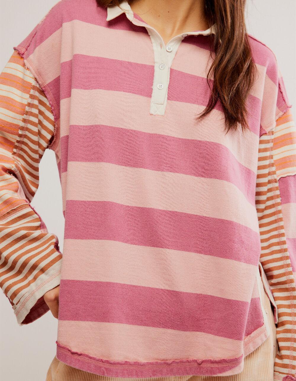 FREE PEOPLE Aster Womens Oversized Stripe Long Sleeve Polo Shirt - PINK COMBO Product Image