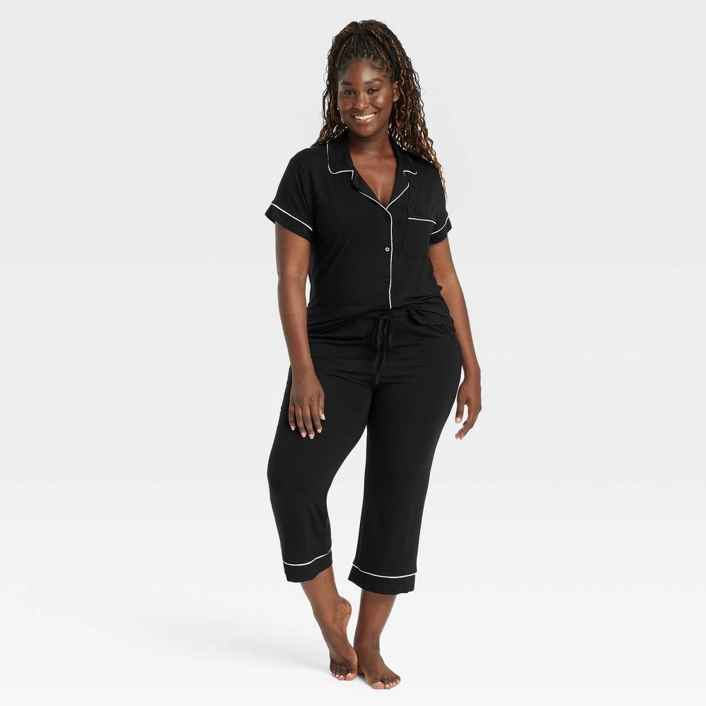 Women's Cloud Knit Short Sleeve Notch Collar Top and Cropped Pants Pajama Set - Auden™ Black M: Modal Spandex Blend Product Image
