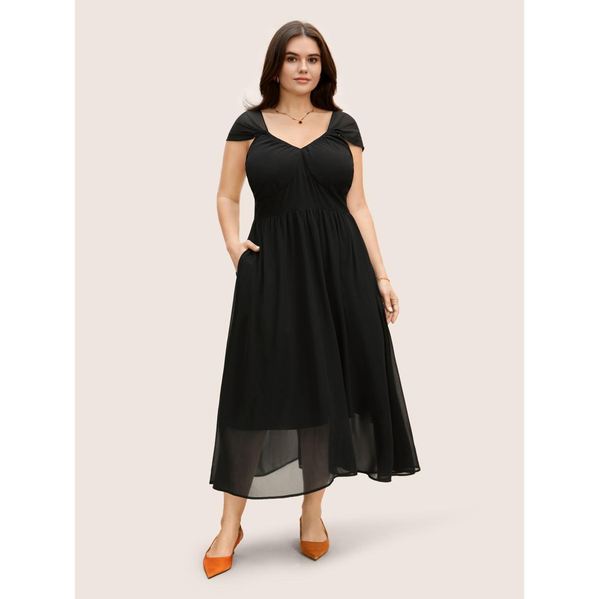 Plus Size Heart Neckline Mesh Cap Sleeve Gathered Dress Black Women Elegant Gathered Heart neckline Cap Sleeve Curvy BloomChic 22-24/3X Product Image