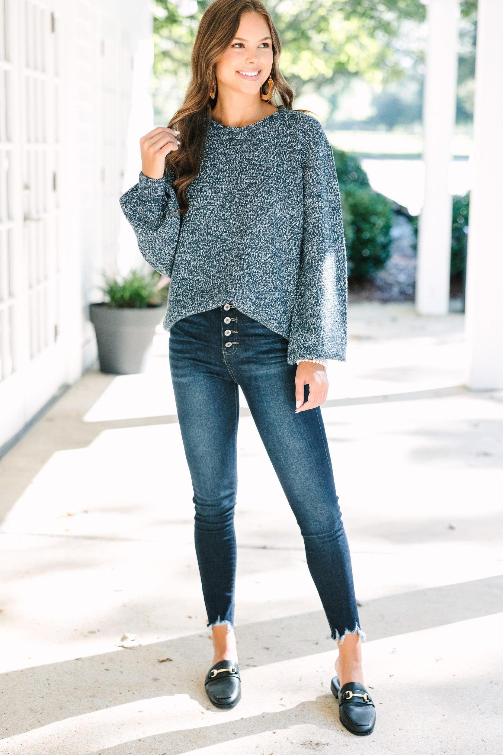 The Slouchy Navy Blue Bubble Sleeve Sweater Female Product Image